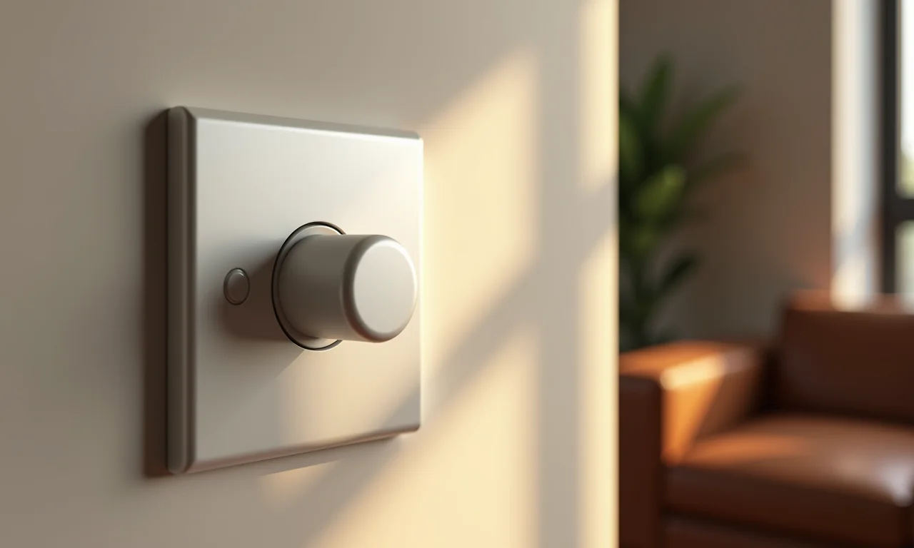 Dimmer rotativo clássico em parede com detalhes de design brasileiro.