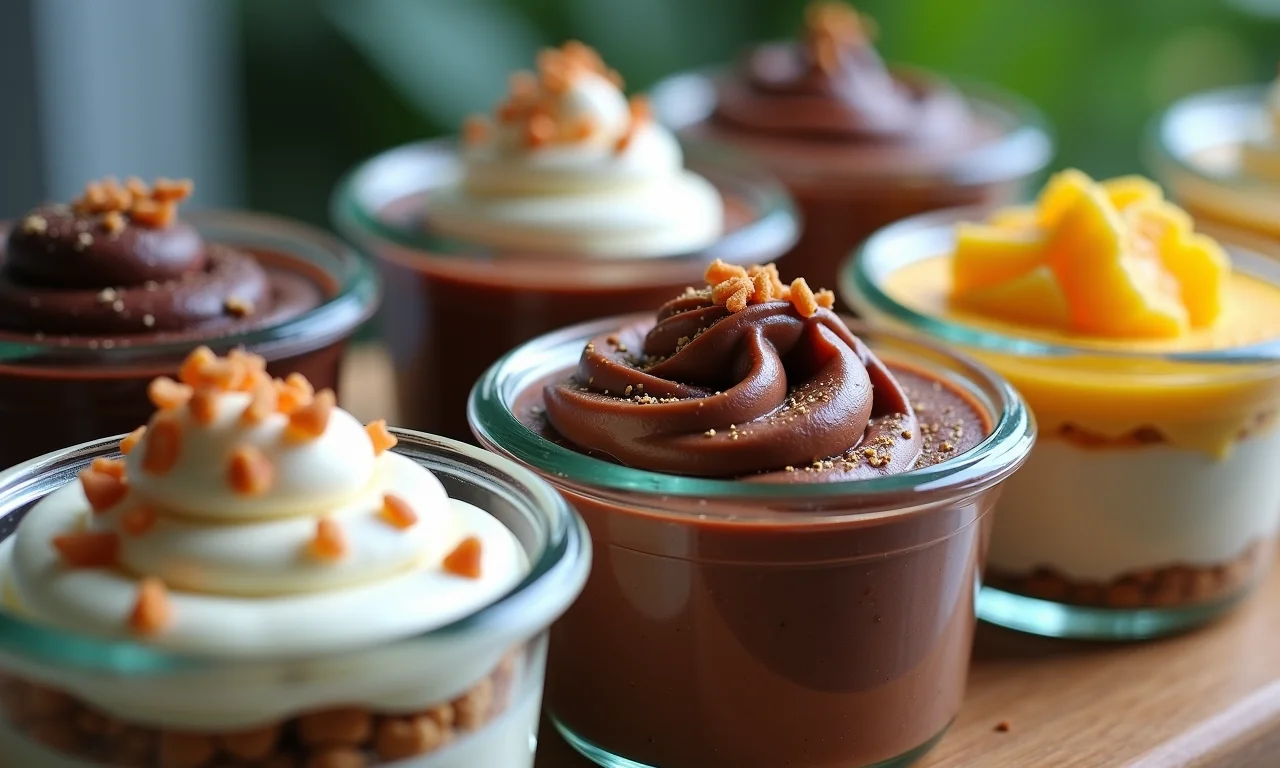 Diversidade de sobremesas em potes de vidro, exibindo versatilidade.