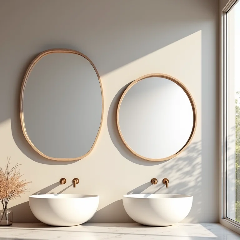 Diversos formatos de espelhos de banheiro (redondo, oval, retangular)