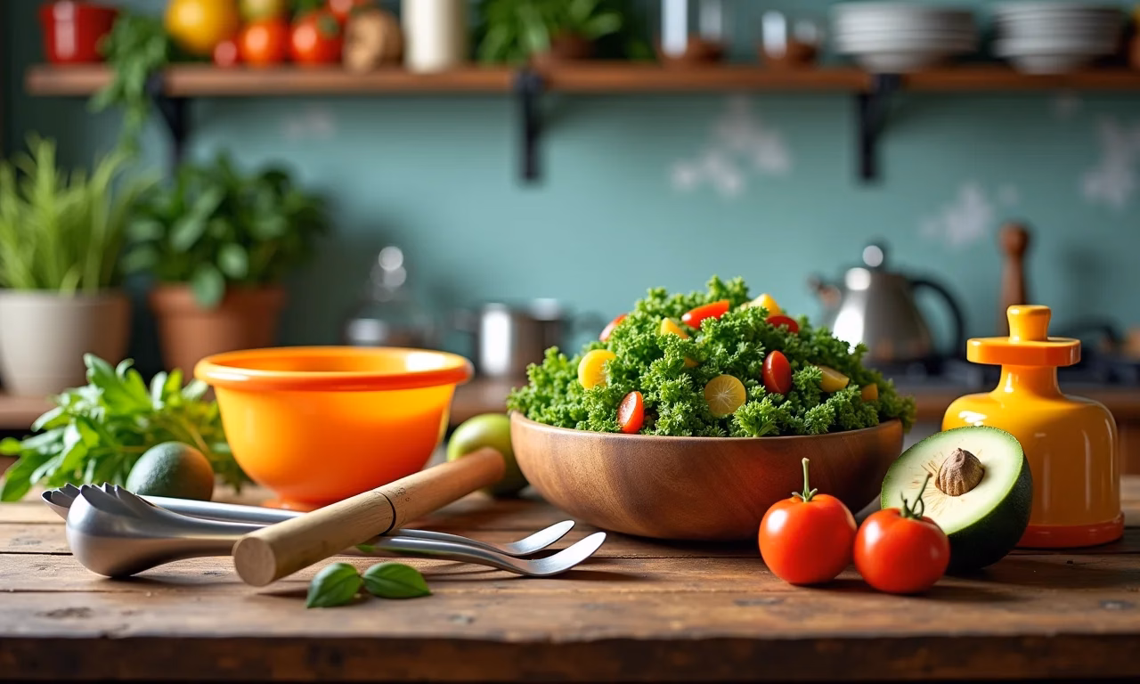 Diversos utensílios para salada em uma cozinha brasileira vibrante.