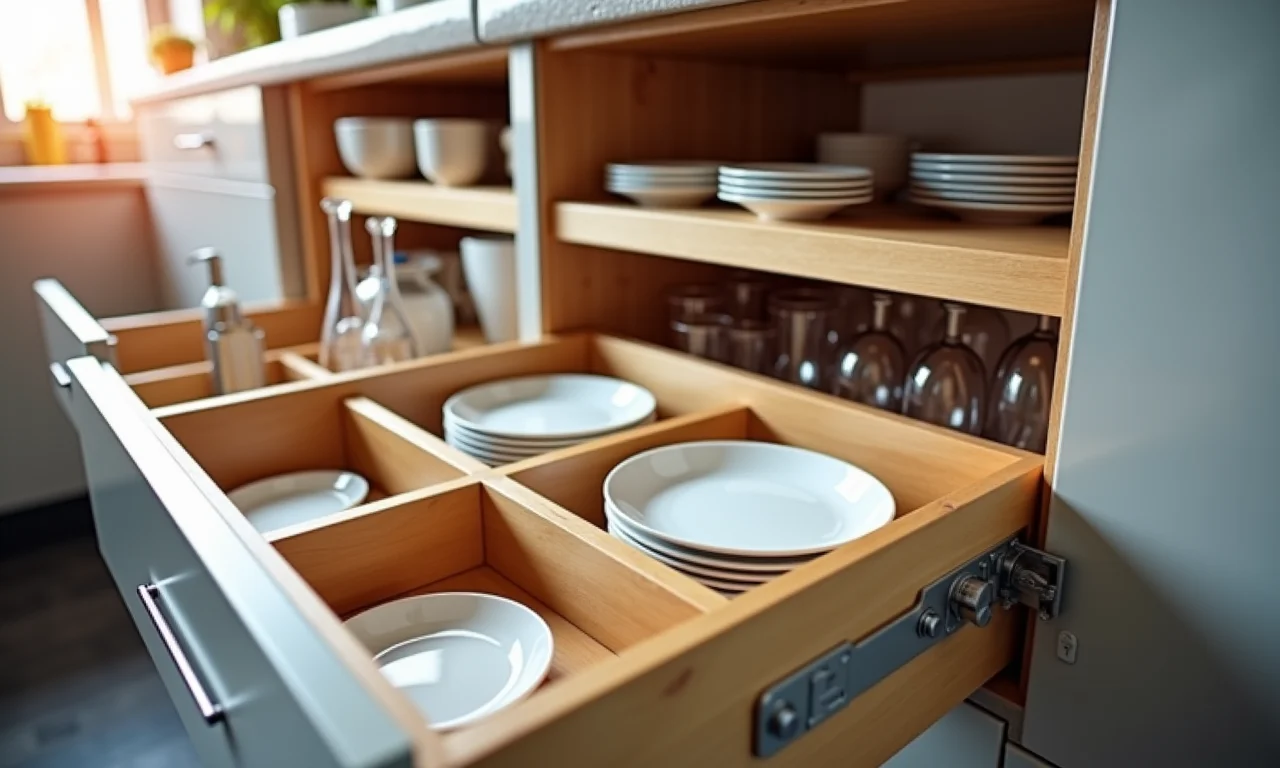 Divisórias ajustáveis no armário da cozinha.