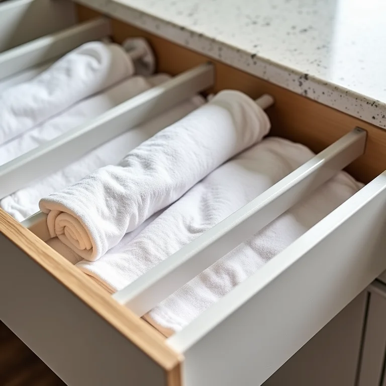 Divisórias da marca Ordene organizando panos de prato