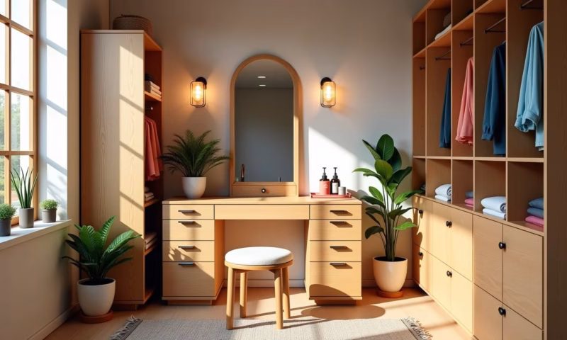Elegante bancada de closet com design funcional e iluminação natural.