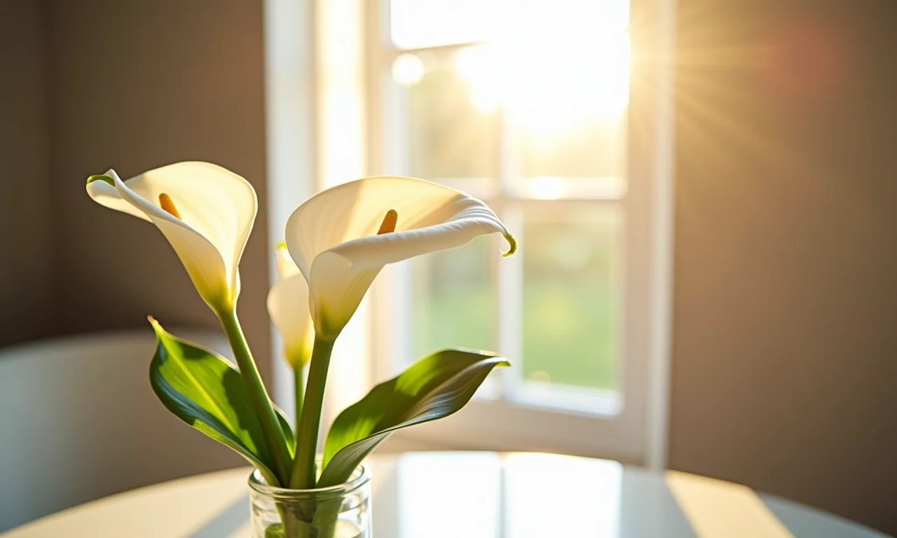 Elegante copo de leite branco em um vaso de vidro, com a luz do sol entrando pela janela.