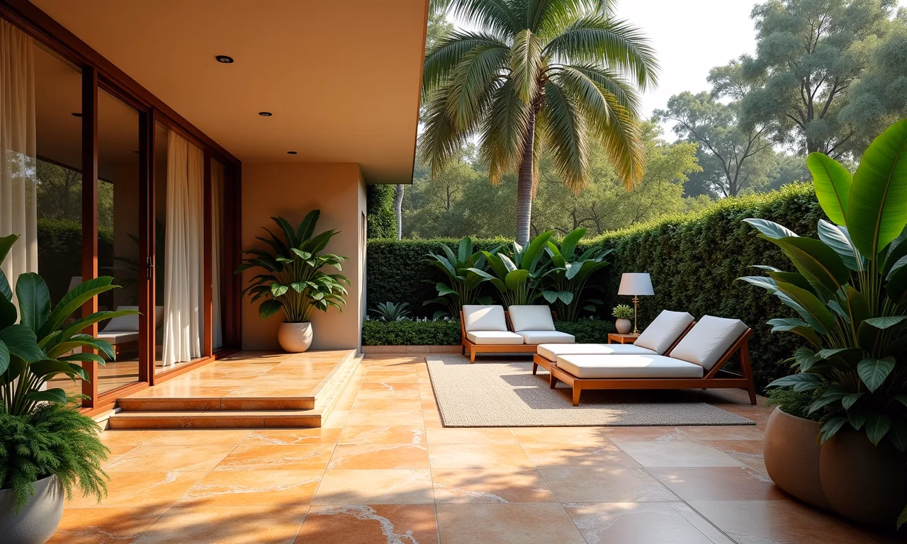 Elegante pátio externo com piso de Pedra São Tomé e plantas tropicais.