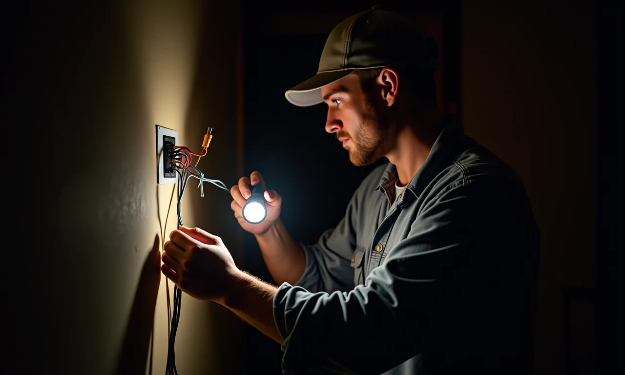 Eletricista inspecionando fiação da casa com lanterna.