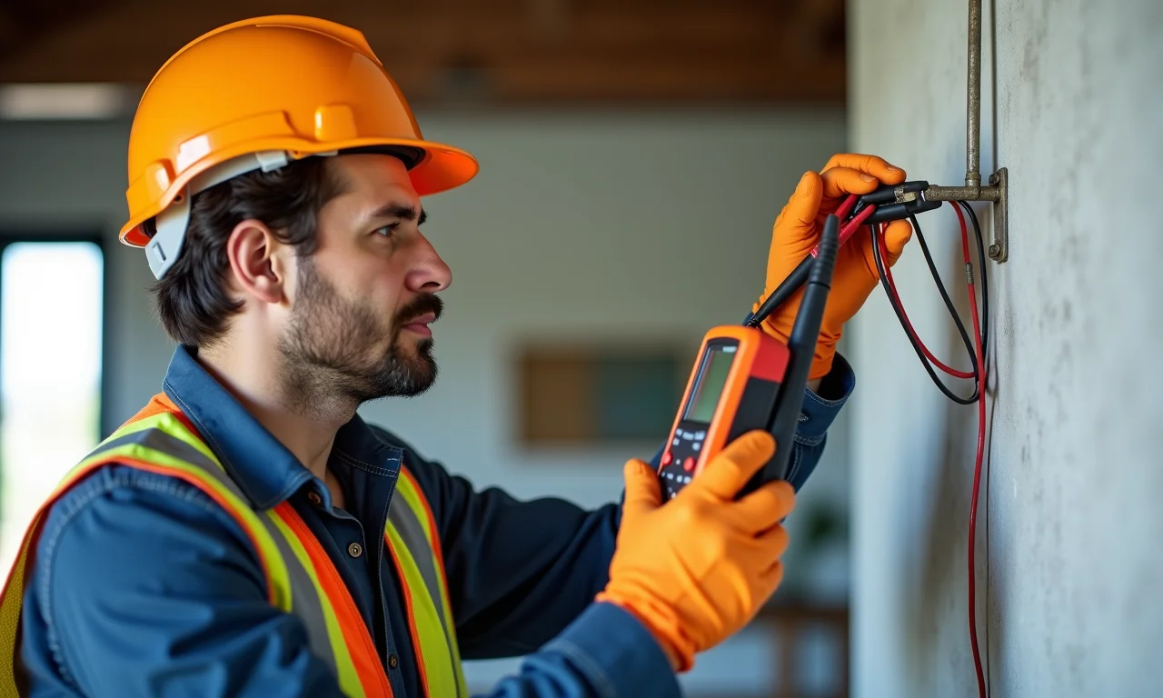 Eletricista qualificado inspecionando haste de aterramento com multímetro.