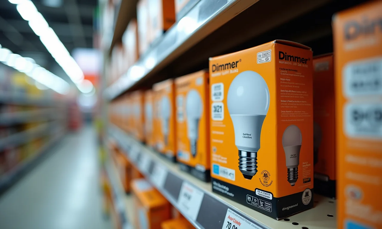 Embalagens de dimmer e lâmpada com rótulo de compatibilidade.