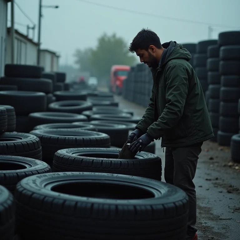 Encontrando pneus usados em um centro de reciclagem.