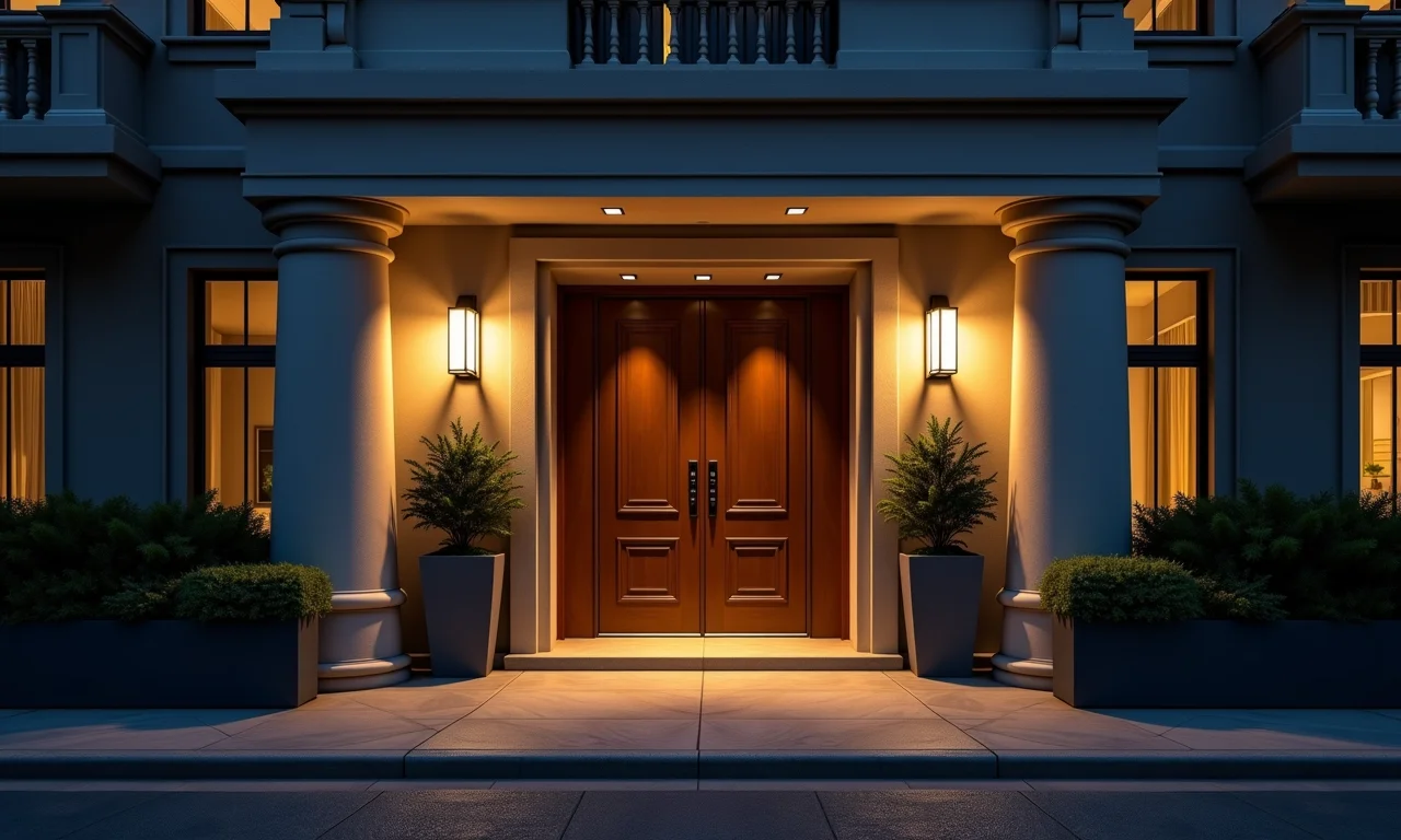 Entrada de prédio bem iluminada à noite com luminárias modernas.