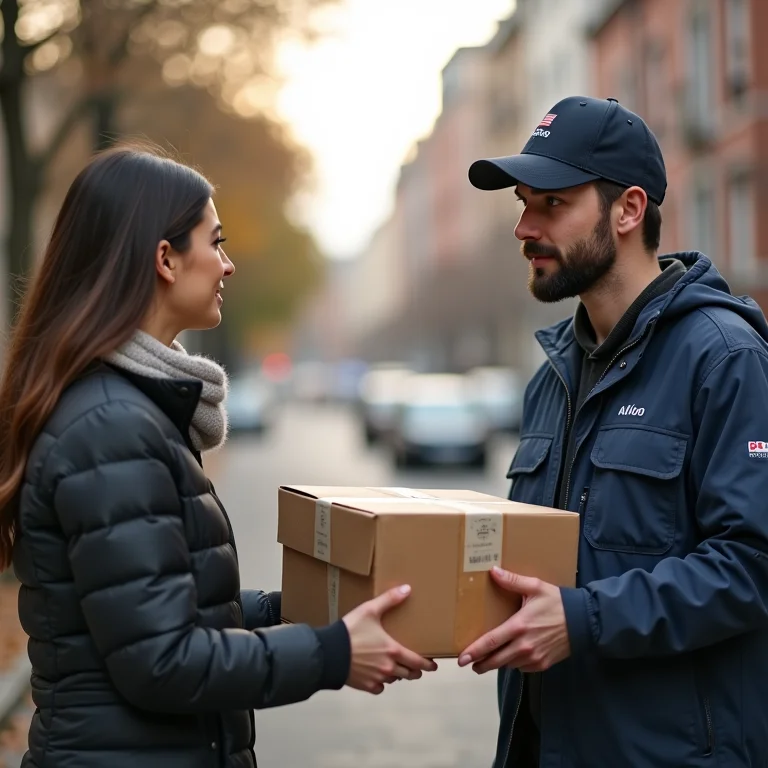 Entregador da Jadlog entregando uma encomenda para um cliente preocupado.