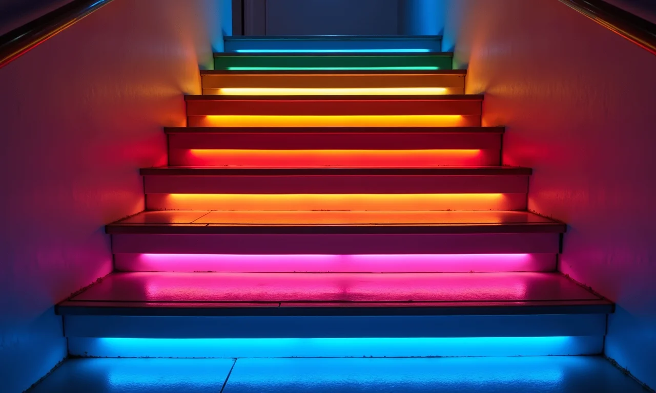 Escada com fitas de LED sob os degraus, cores vibrantes e design criativo.