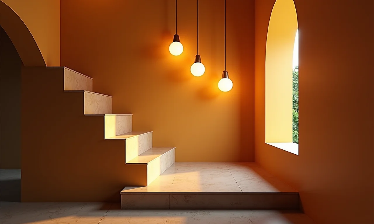 Escada com luminárias pendentes, iluminação aconchegante e ponto focal.
