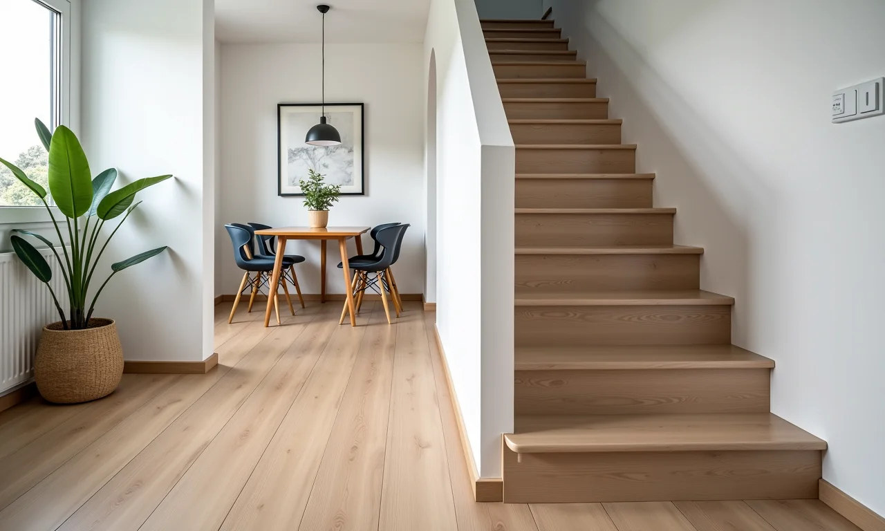 Escada com piso vinílico confortável e versátil em apartamento moderno.