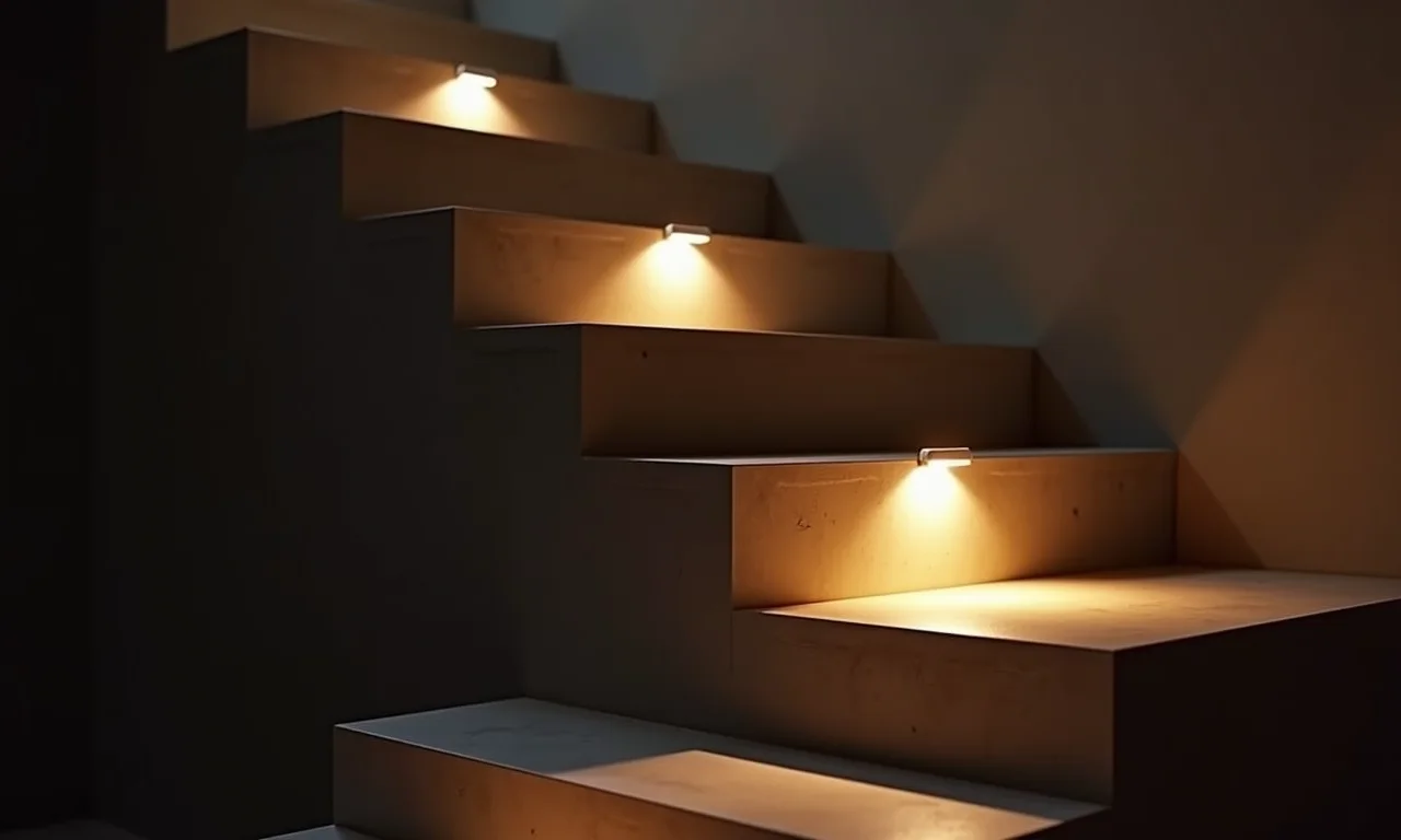 Escada com sensores de movimento, iluminação automática e eficiente.