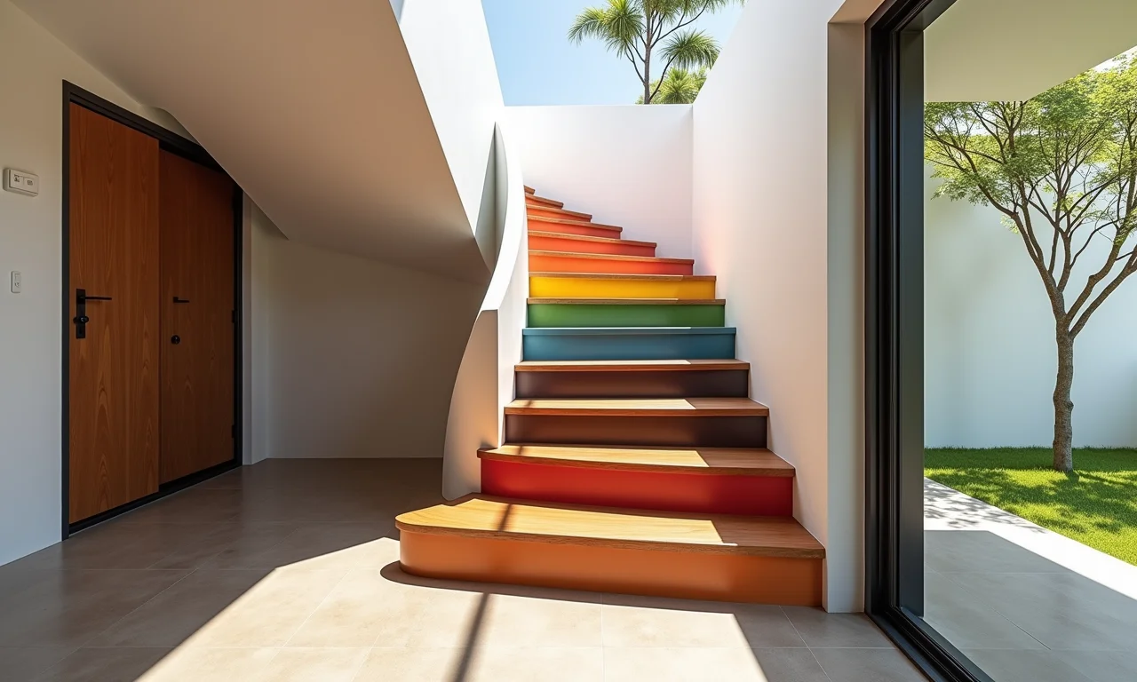 Escada criativa com pastilhas coloridas, originalidade e charme brasileiro.