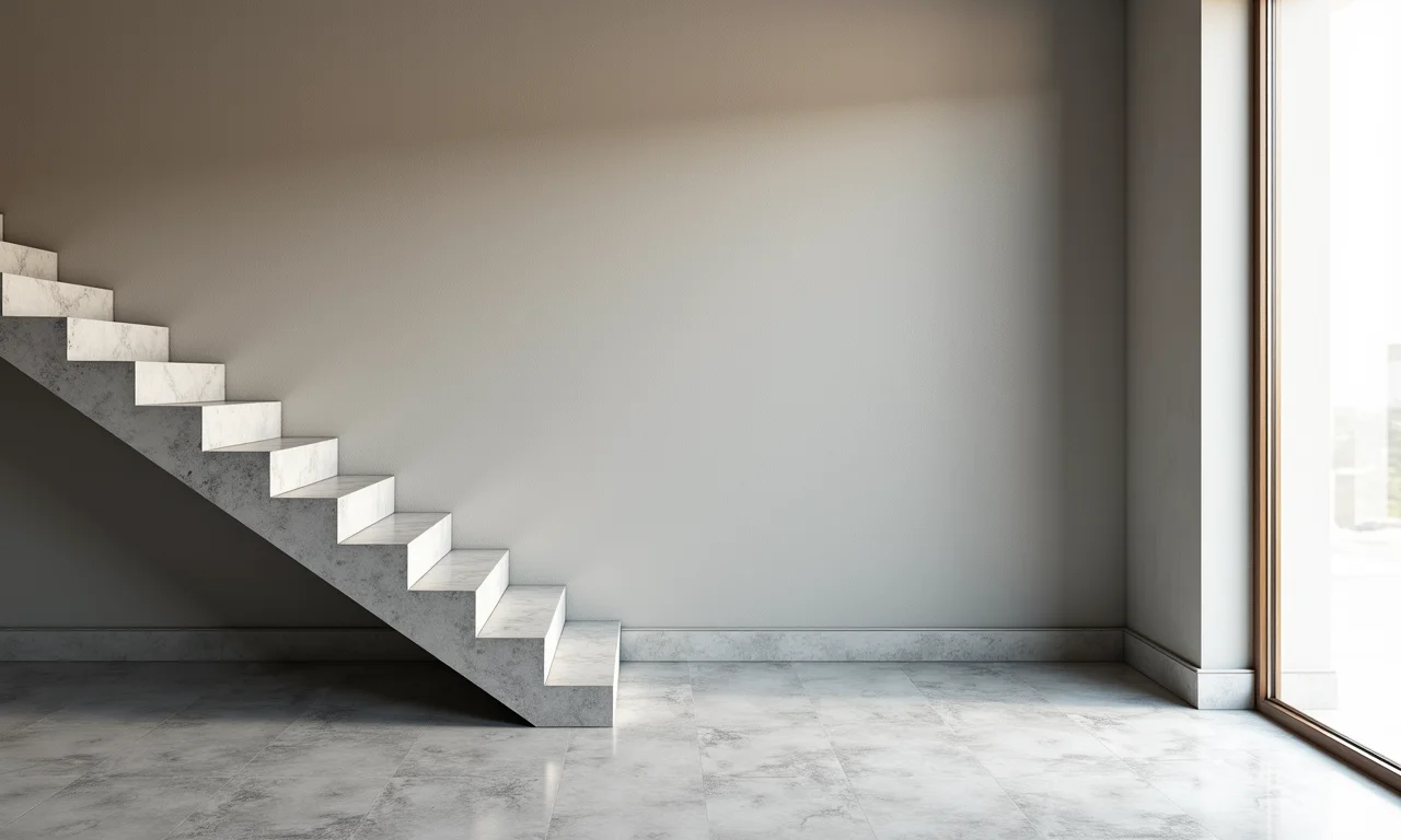 Escada de concreto com piso econômico em tons neutros.
