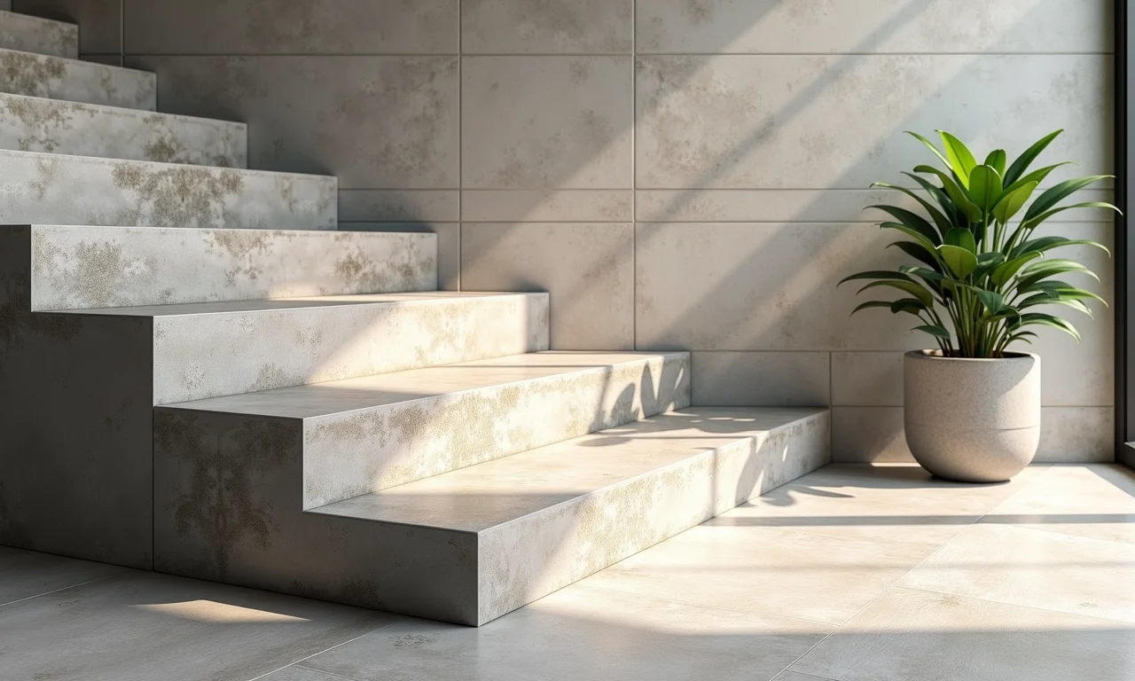 Escada de concreto com revestimento cerâmico, unindo praticidade e variedade de estilos.