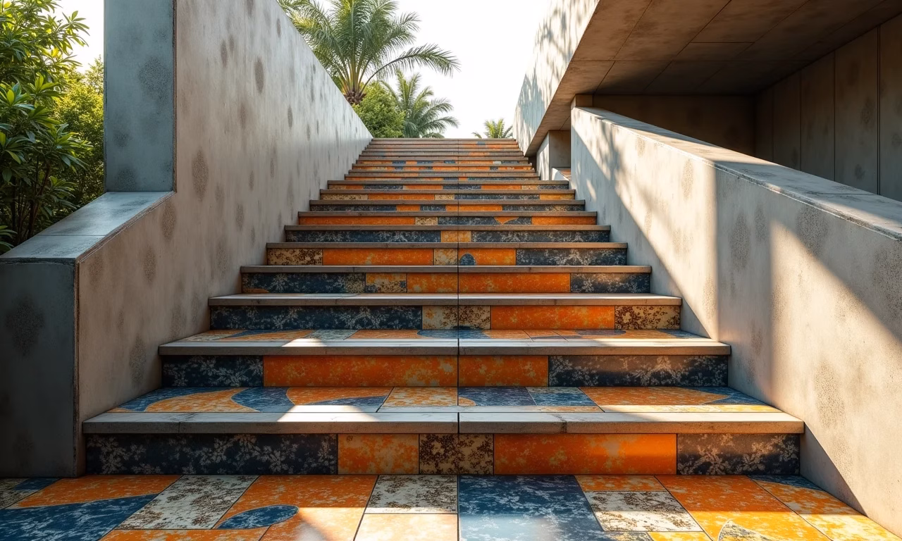 Escada de concreto revestida com azulejos coloridos em estilo brasileiro.