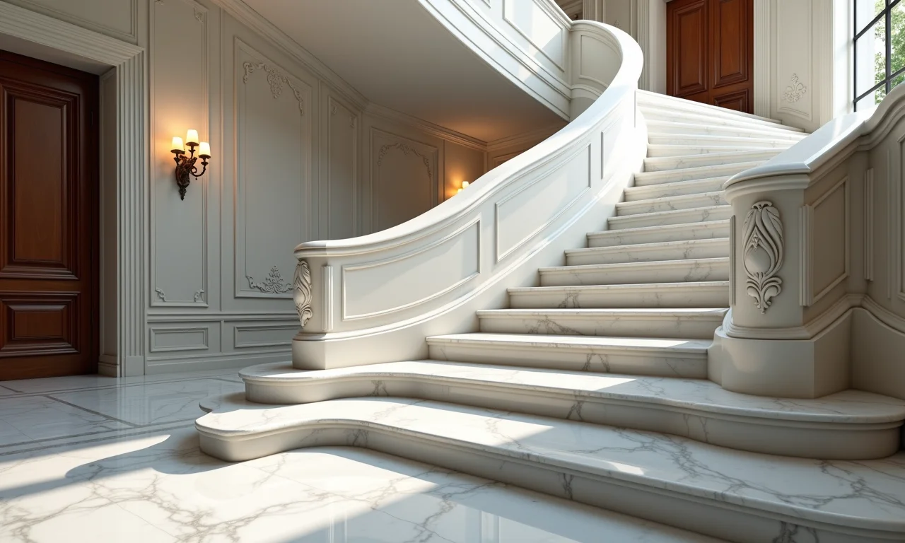 Escada de mármore luxuosa com detalhes intrincados, sinônimo de requinte.