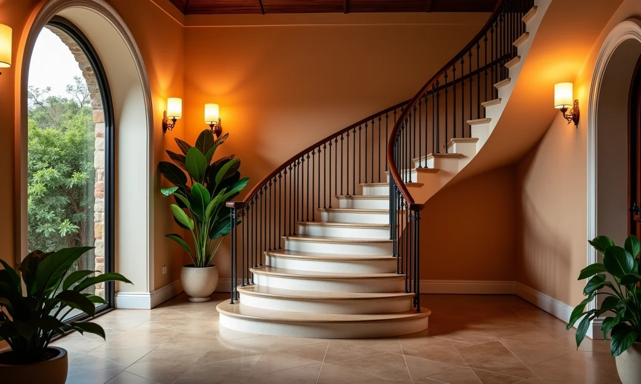 Escada elegante com arandelas nas paredes, iluminação aconchegante.