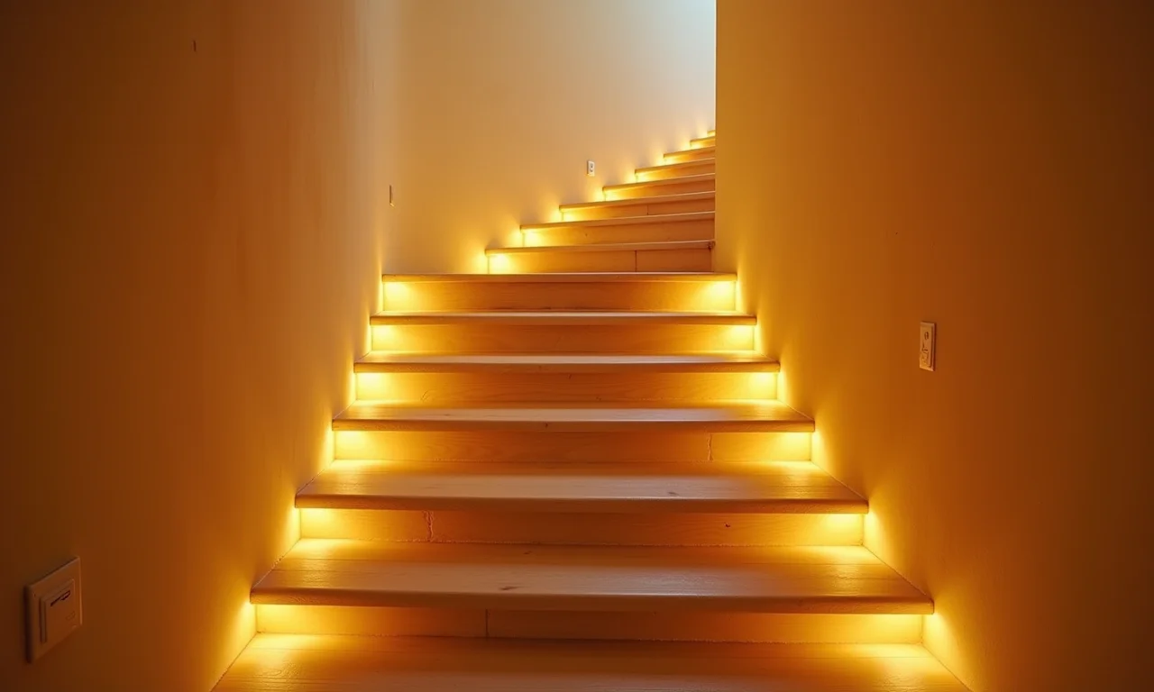 Escada iluminada com luz branca quente, ambiente aconchegante.