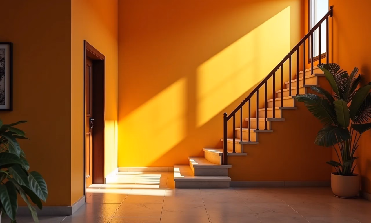 Escada iluminada em casa brasileira aconchegante, priorizando segurança e ambiente acolhedor.