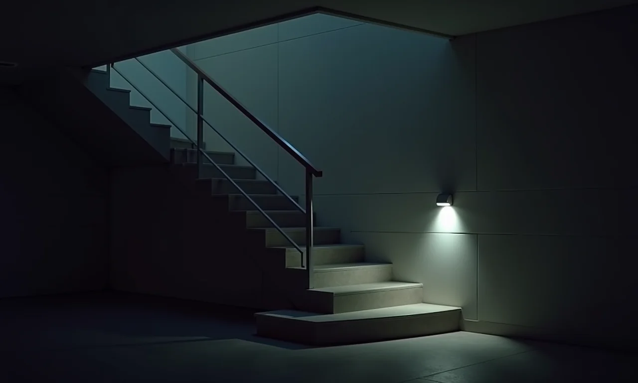 Escada iluminada por lâmpada com sensor de som, prevenindo acidentes.