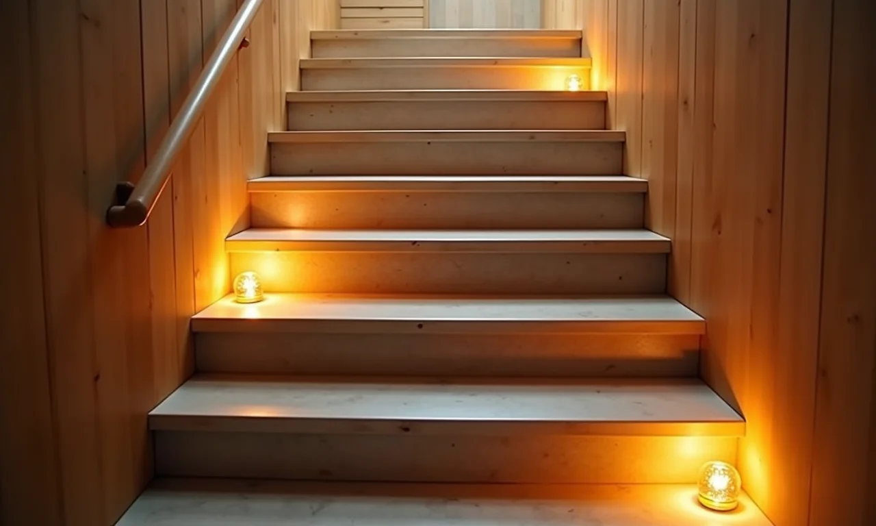 Escada moderna com luzes embutidas nos degraus, design minimalista.