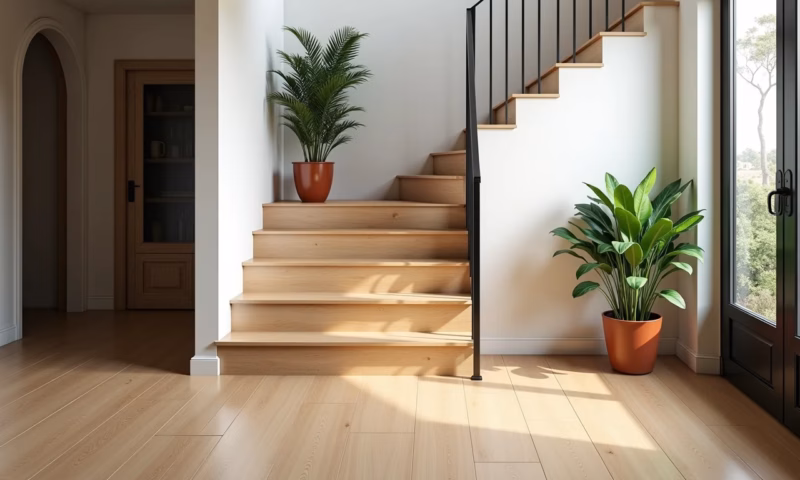 Escada moderna com piso vinílico amadeirado claro, iluminação natural e decoração brasileira.