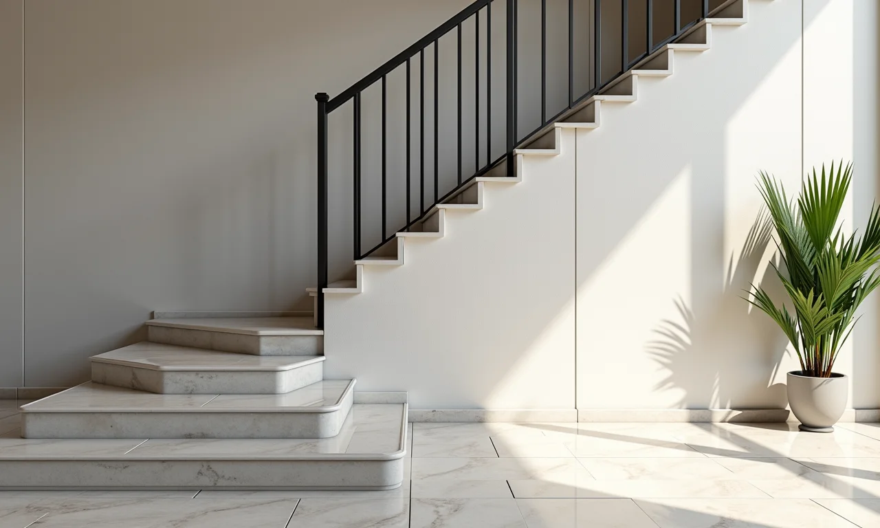 Escada revestida com porcelanato elegante e durável em uma casa moderna.