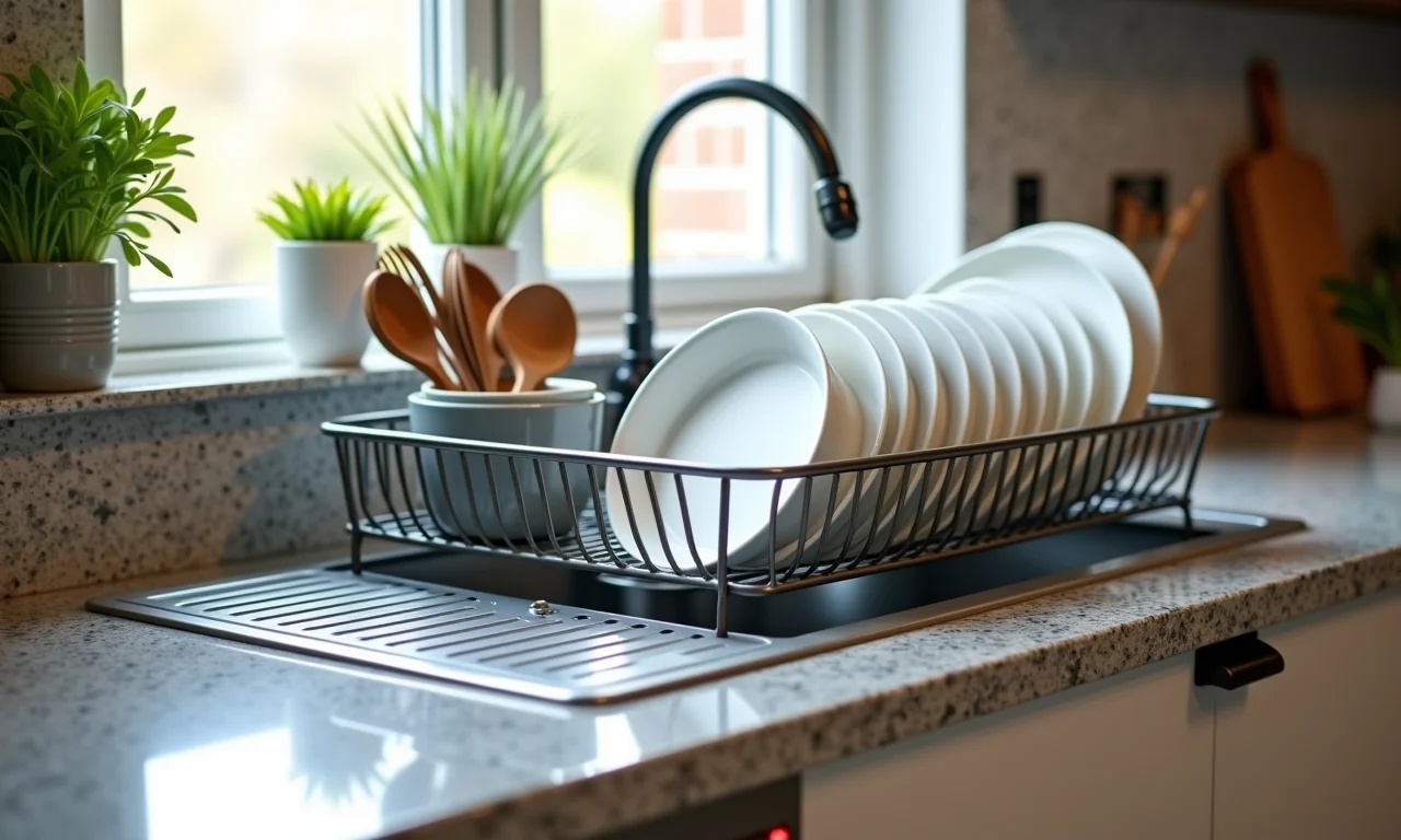 Escorredor de louça com bandeja coletora em granito.