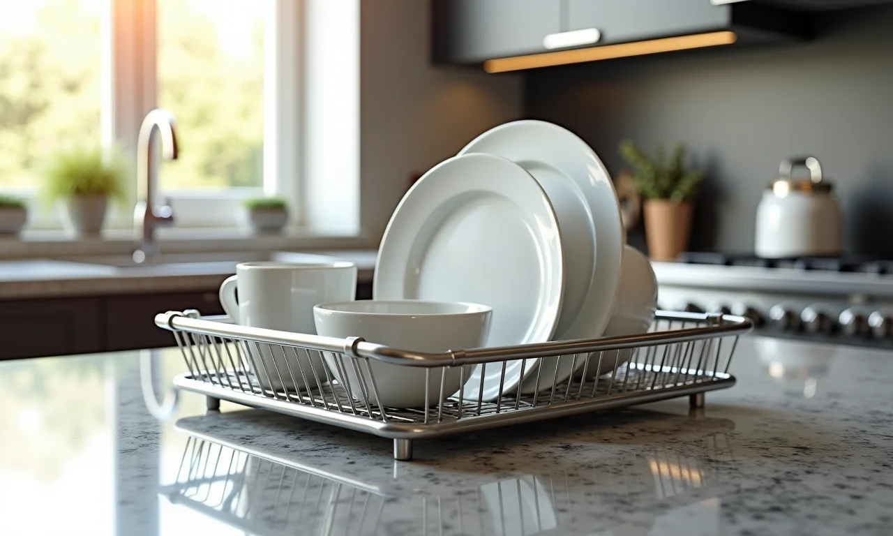 Escorredor de louça de aço inox em bancada de granito.