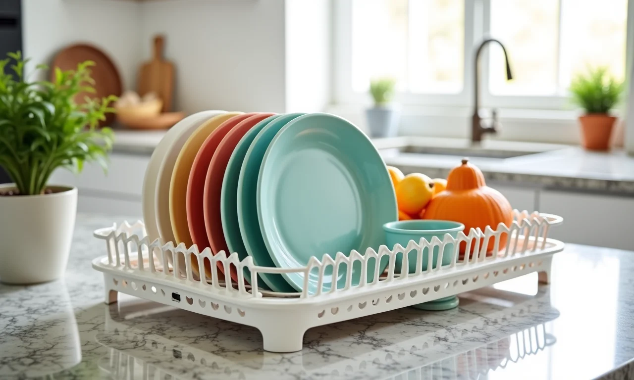 Escorredor de louça de plástico em bancada de granito.