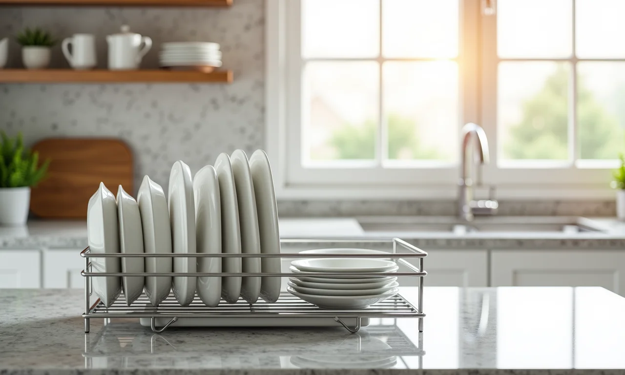 Escorredor de louça dobrável em bancada de granito.