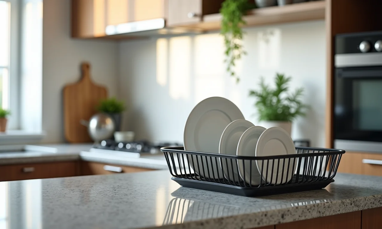 Escorredor de louça pequeno em bancada de granito.
