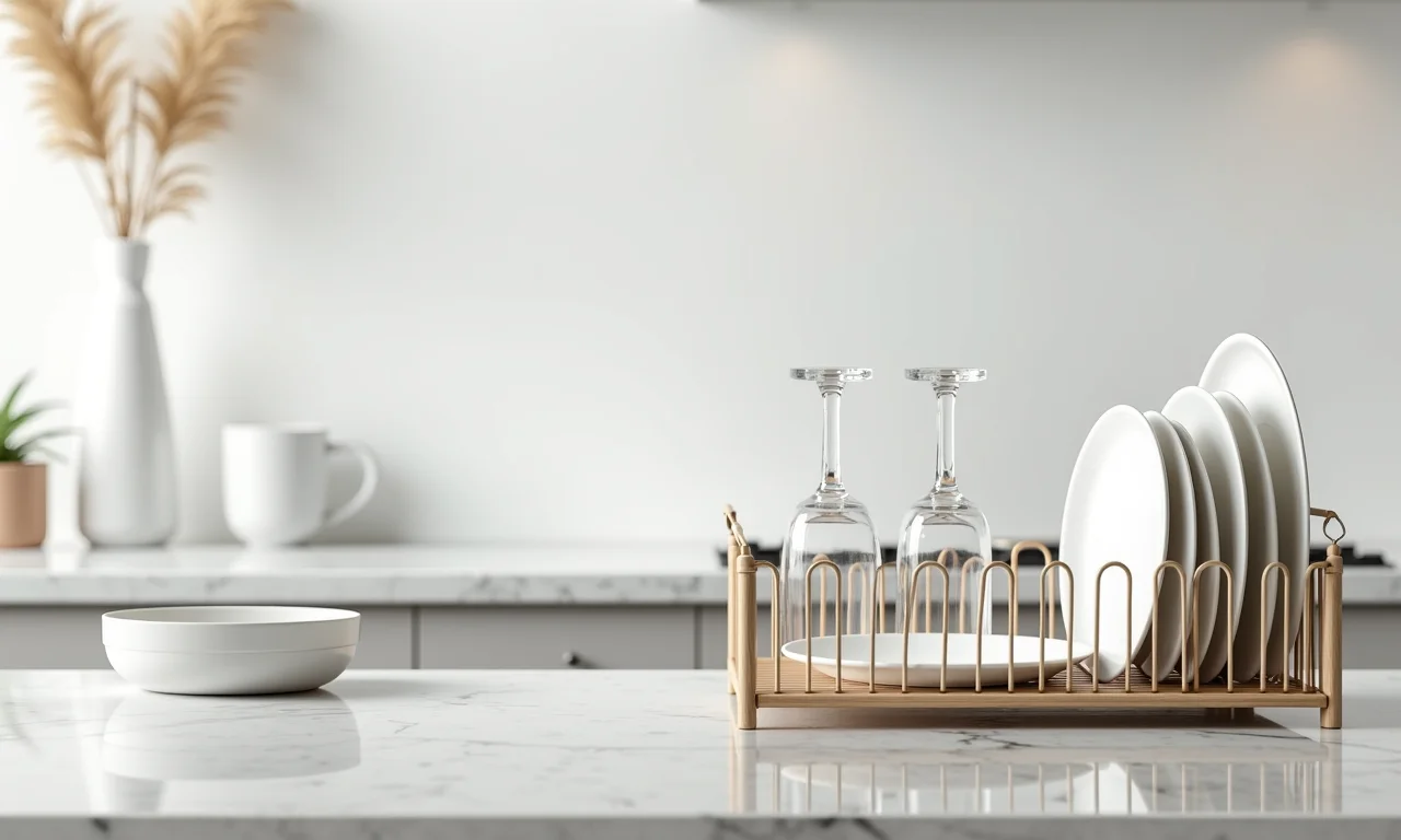 Escorredor de louça simples em bancada de granito.