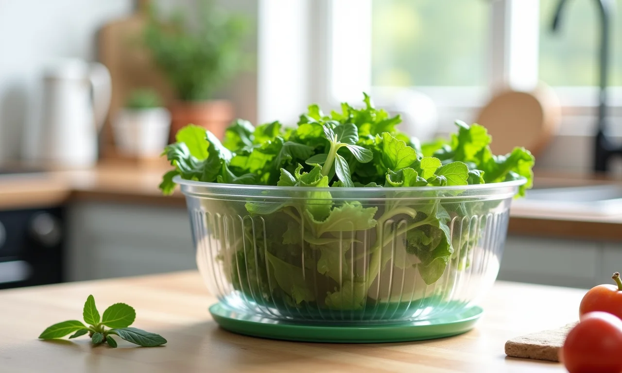 Escorredor de salada com folhas verdes lavadas.