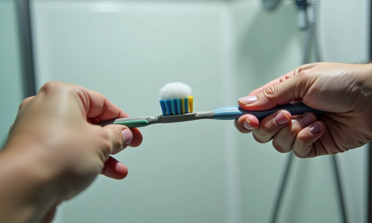 Escova de dentes velha sendo usada para limpar os cantos do box sanfonado.