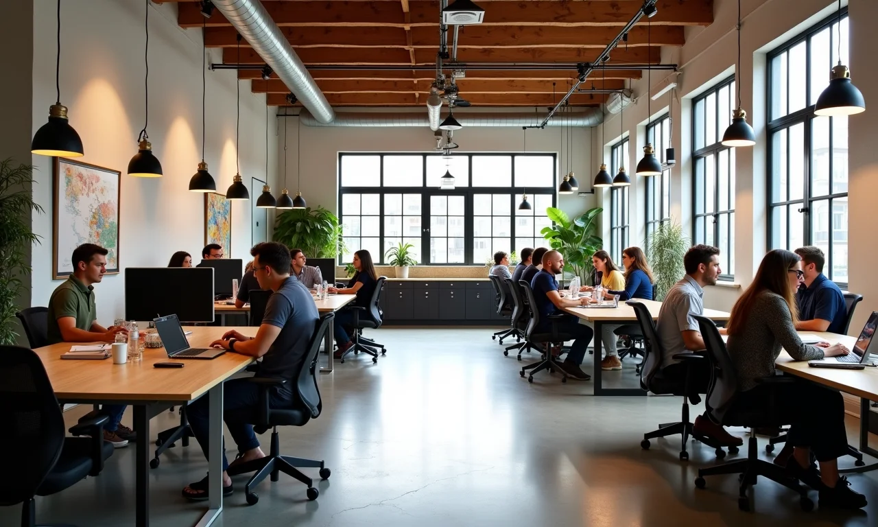 Escritório criativo em galpão reformado com equipe diversa.
