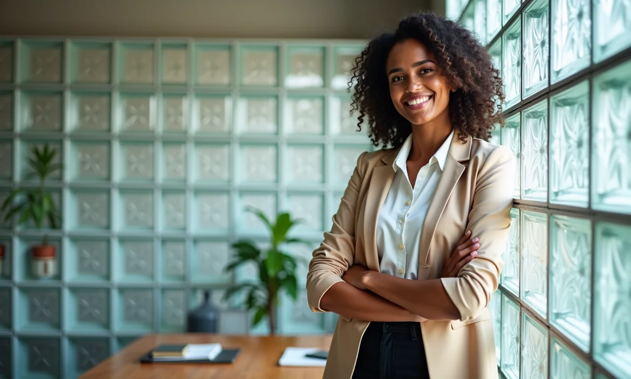 Escritório elegante com parede de cobogó de vidro, proporcionando privacidade e luminosidade.