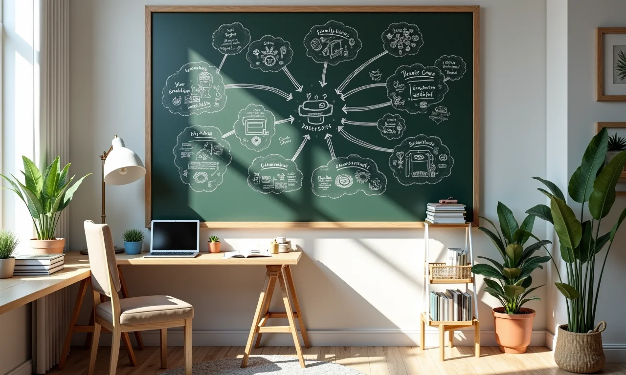Escritório em casa com parede de lousa e mapa mental.