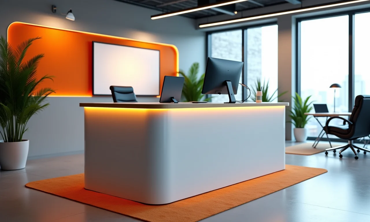 Escritório moderno com mesa que reflete a identidade da marca.