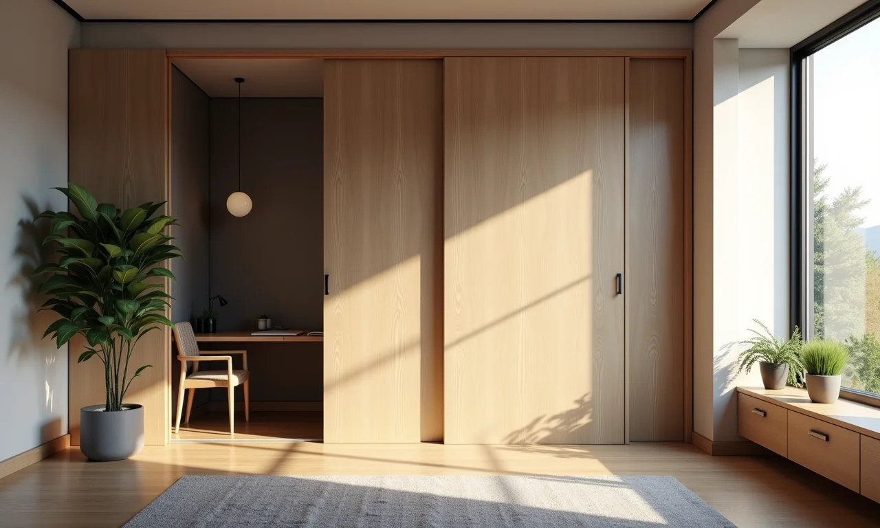 Escritório silencioso com porta de correr embutida, reduzindo o ruído.