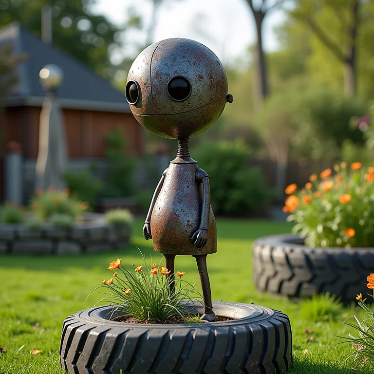 Escultura artística feita de metal reciclado perto do jardim vertical.