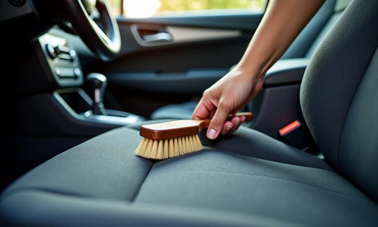 Esfregando o carpete do carro com solução de limpeza.