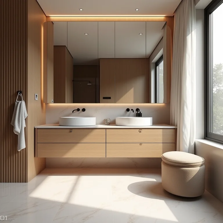 Espaço confortável para as pernas sob a bancada do banheiro com assento.