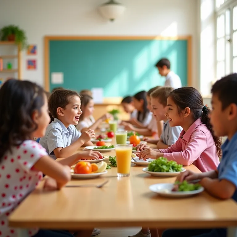 Espaço de convivência em escola com refeitório moderno