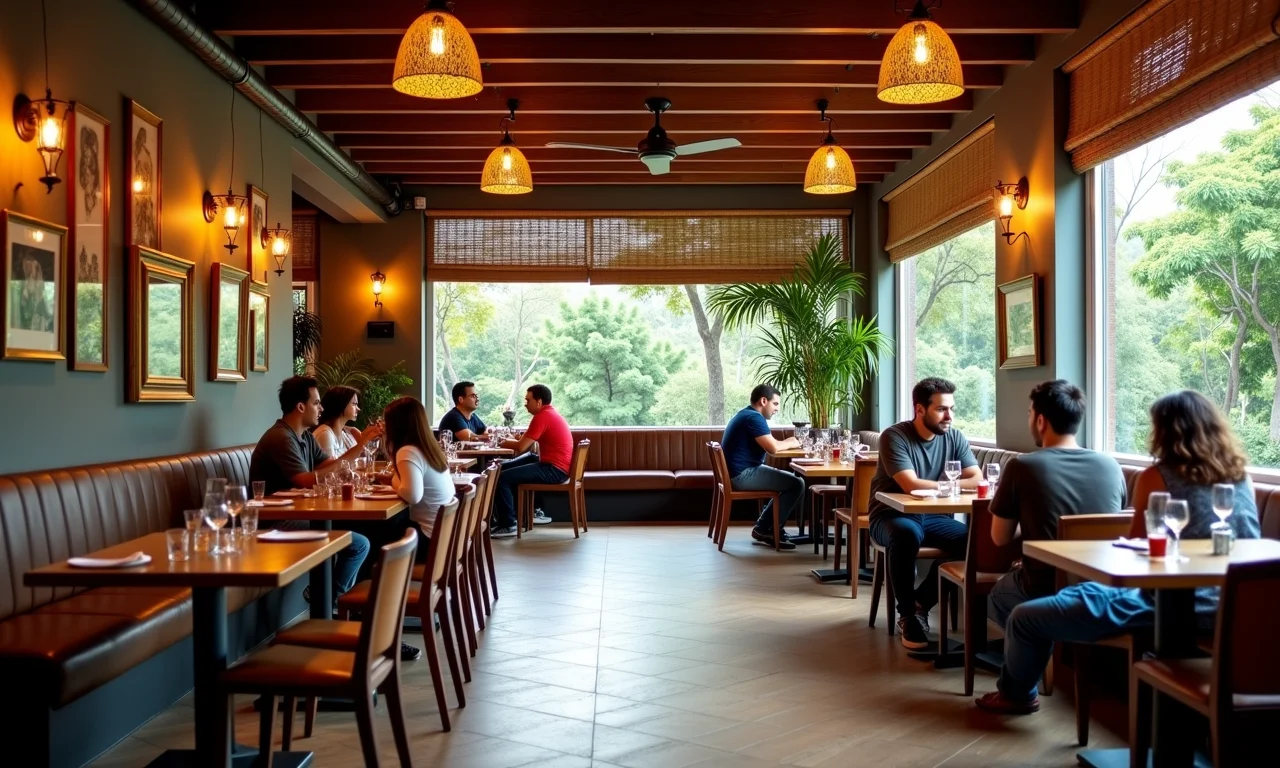 Espaço de espera confortável em restaurante com decoração brasileira.