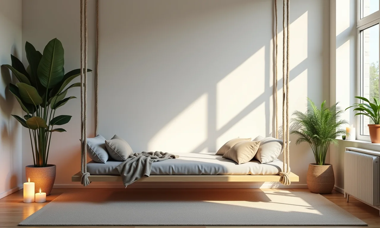 Espaço de relaxamento e meditação sob cama suspensa.